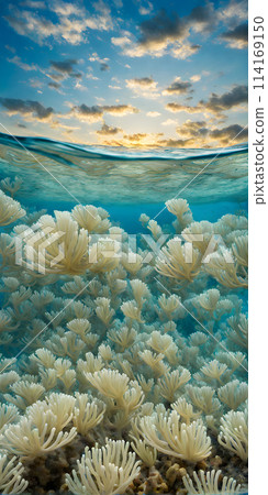 Midday sun casting a radiant glow on a calm azure sea, sunrays gently penetrating the crystal-clear waters Midday sun casting a radiant glow on a calm azure sea, sunrays gently penetrating the crystal-clear waters 114169150