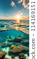 Midday sun casting a radiant glow on a calm azure sea, sunrays gently penetrating the crystal-clear waters 114169151