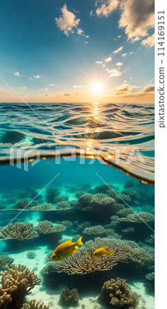 Midday sun casting a radiant glow on a calm azure sea, sunrays gently penetrating the crystal-clear waters Midday sun casting a radiant glow on a calm azure sea, sunrays gently penetrating the crystal-clear waters 114169151
