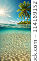 Midday sun casting a radiant glow on a calm azure sea, sunrays gently penetrating the crystal-clear waters 114169152