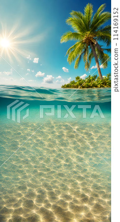 Midday sun casting a radiant glow on a calm azure sea, sunrays gently penetrating the crystal-clear waters 114169152