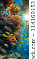 Midday sun casting a radiant glow on a calm azure sea, sunrays gently penetrating the crystal-clear waters 114169153