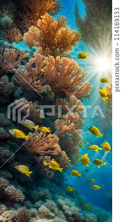 Midday sun casting a radiant glow on a calm azure sea, sunrays gently penetrating the crystal-clear waters Midday sun casting a radiant glow on a calm azure sea, sunrays gently penetrating the crystal-clear waters 114169153