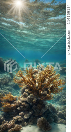Midday sun casting a radiant glow on a calm azure sea, sunrays gently penetrating the crystal-clear waters 114169154