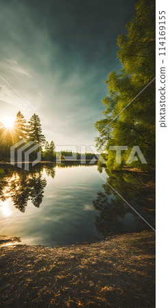 Sunny summer landscape embracing minimalism, vast open fields under a clear blue sky 114169155