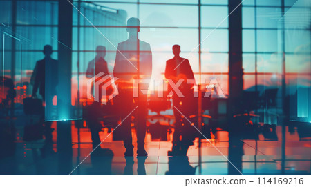 Silhouettes of business people walking in airport terminal.  114169216