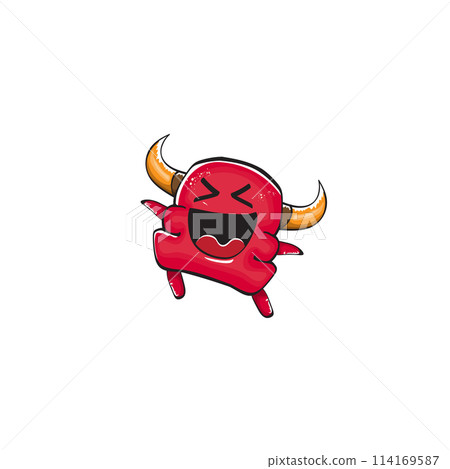 Vector cartoon funny red monster with mouth, eyes and horn isolated on white background. Smiling red cartoon monster print sticker design template. Ghost, troll, gremlin, goblin, devil and monster 114169587