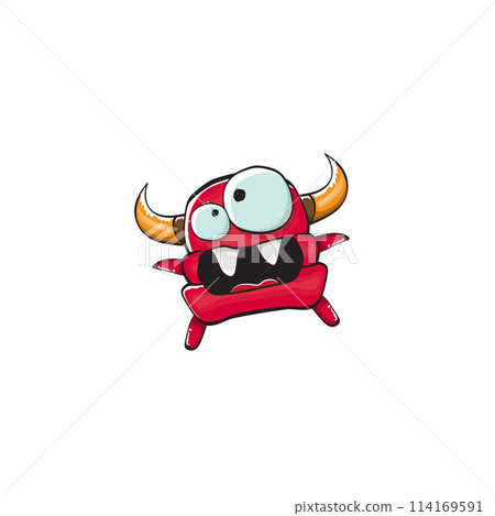 Vector cartoon funny red monster with mouth, eyes and horn isolated on white background. Smiling red cartoon monster print sticker design template. Ghost, troll, gremlin, goblin, devil and monster 114169591