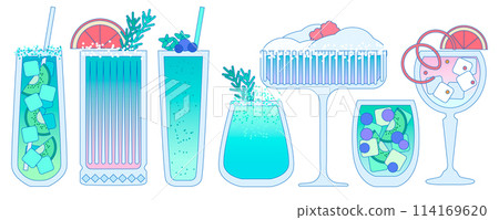 Cocktails set. Soft drinks with berries, ice cubes, grapefruit, kiwi. Alcohol drink 114169620