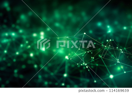 Green abstract background with a network grid, particles connected and bokeh. Sci-fi digital technology with line connect network and data graphic IT background Green abstract background with a network grid, particles connected and bokeh. Sci-fi digital technology with line connect network and data graphic IT background 114169639