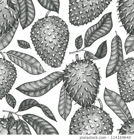 Hand drawn sketch style soursop fruit seamless pattern. Organic fresh fruit vector illustration. Retro guanabana background Hand drawn sketch style soursop fruit seamless pattern. Organic fresh fruit vector illustration. Retro guanabana background 114169640