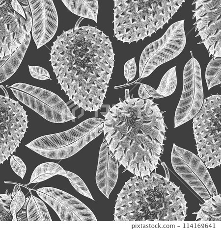 Hand drawn sketch style soursop fruit seamless pattern. Organic fresh fruit vector illustration on chalk board. Retro guanabana background Hand drawn sketch style soursop fruit seamless pattern. Organic fresh fruit vector illustration on chalk board. Retro guanabana background 114169641