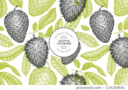 Hand drawn sketch style soursop fruit banner. Organic fresh fruit vector illustration. Retro guanabana design template Hand drawn sketch style soursop fruit banner. Organic fresh fruit vector illustration. Retro guanabana design template 114169642