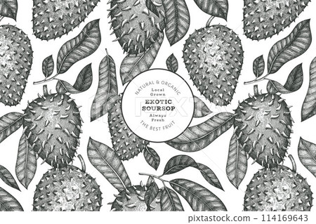 Hand drawn sketch style soursop fruit banner. Organic fresh fruit vector illustration. Retro guanabana design template Hand drawn sketch style soursop fruit banner. Organic fresh fruit vector illustration. Retro guanabana design template 114169643