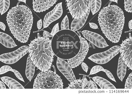 Hand drawn sketch style soursop fruit banner. Organic fresh fruit vector illustration on chalk board. Retro guanabana design template 114169644