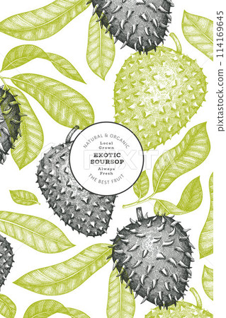 Hand drawn sketch style soursop fruit banner. Organic fresh fruit vector illustration. Retro guanabana design template Hand drawn sketch style soursop fruit banner. Organic fresh fruit vector illustration. Retro guanabana design template 114169645