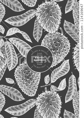 Hand drawn sketch style soursop fruit banner. Organic fresh fruit vector illustration on chalk board. Retro guanabana design template 114169647