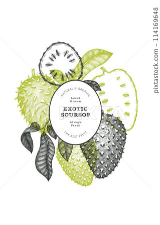 Hand drawn sketch style soursop fruit banner. Organic fresh fruit vector illustration. Retro guanabana design template Hand drawn sketch style soursop fruit banner. Organic fresh fruit vector illustration. Retro guanabana design template 114169648