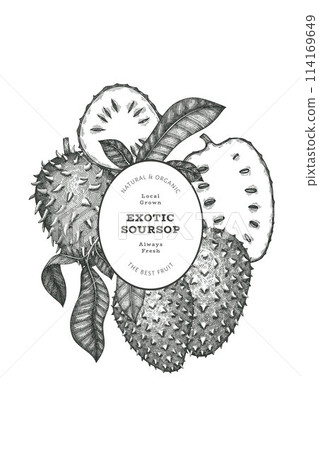 Hand drawn sketch style soursop fruit banner. Organic fresh fruit vector illustration. Retro guanabana design template Hand drawn sketch style soursop fruit banner. Organic fresh fruit vector illustration. Retro guanabana design template 114169649