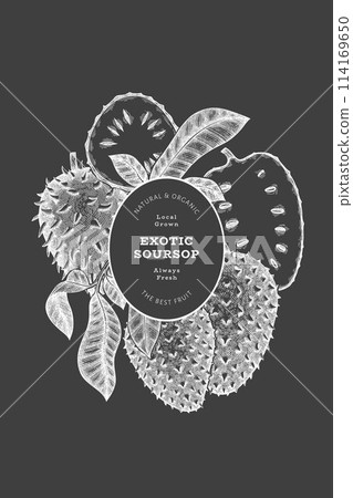 Hand drawn sketch style soursop fruit banner. Organic fresh fruit vector illustration on chalk board. Retro guanabana design template Hand drawn sketch style soursop fruit banner. Organic fresh fruit vector illustration on chalk board. Retro guanabana design template 114169650
