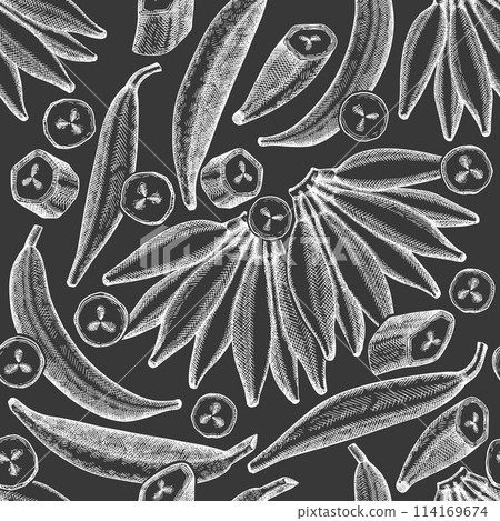 Hand drawn sketch style plantain seamless pattern. Organic fresh fruit vector illustration on chalk board. Retro exotic banana fruit background Hand drawn sketch style plantain seamless pattern. Organic fresh fruit vector illustration on chalk board. Retro exotic banana fruit background 114169674