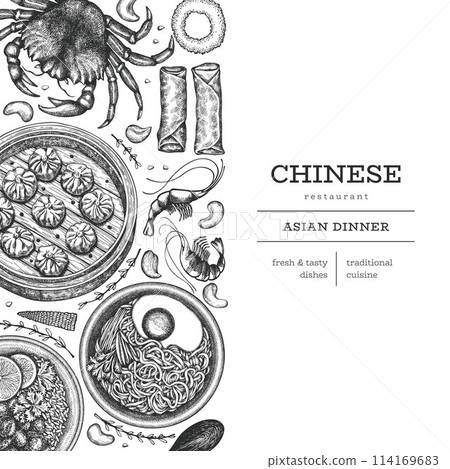 Chinese Cuisine Design Template. Vector Hand Drawn Asian Food Banner. Vintage Style Menu Illustration. Chinese Cuisine Design Template. Vector Hand Drawn Asian Food Banner. Vintage Style Menu Illustration. 114169683