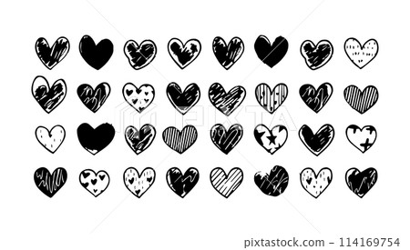 Doodle heart set vector illustration. Art symbol design icon love and decoration element. Shape collection romance and valentine. Drawing cartoon scribble drawing of simple concept 114169754