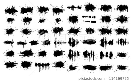 Ink splatter set vector illustration black and white. Dirty abstract spray shape blob and splash texture liquid. Textured element brush collection silhouette decoration Ink splatter set vector illustration black and white. Dirty abstract spray shape blob and splash texture liquid. Textured element brush collection silhouette decoration 114169755