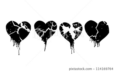 Broken heart gothic set vector illustration. Love symbol romance emo and sticker icon isolated white. Fashion shape silhouette abstract art and grunge decoration cartoon 114169764