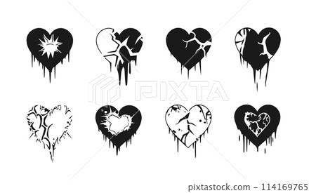 Broken heart gothic set vector illustration. Love symbol romance emo and sticker icon isolated white. Fashion shape silhouette abstract art and grunge decoration cartoon 114169765