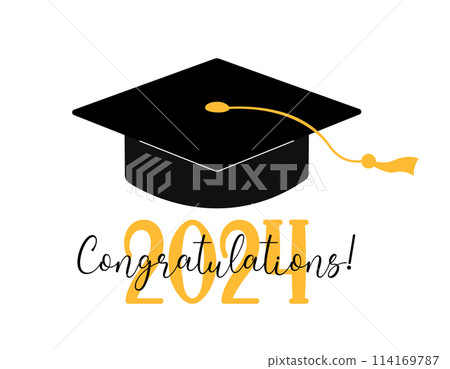 Graduation 2024 Congratulations text greeting card, poster. Vector flat illustration. Black color academic cap and golden 2024 numbers on white background. Mortarboard graduate symbol 114169787