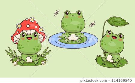 Cute frog amanita mushroom, in swamp and under leaf. Isolated funny animal kawaii character. Vector illustration. Kids collection. 114169840