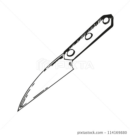 Kitchen knife. Kitchen equipment rendered in vector. Kitchen knife with a wide blade and handle drawn with a black outline. Suitable for kitchen design, fabric, tableware, packaging and scrapbooking. 114169880