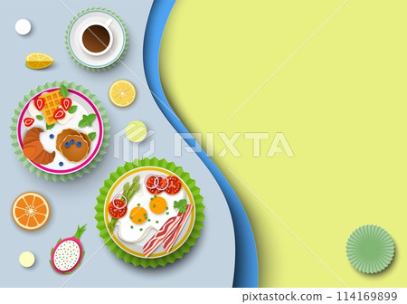 Healthy full breakfast menu paper cut background 114169899