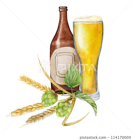 Hand-drawn watercolor illustration bottle of beer with shaped glass of beer and hop and malt, beer festival, international beer day 114170009