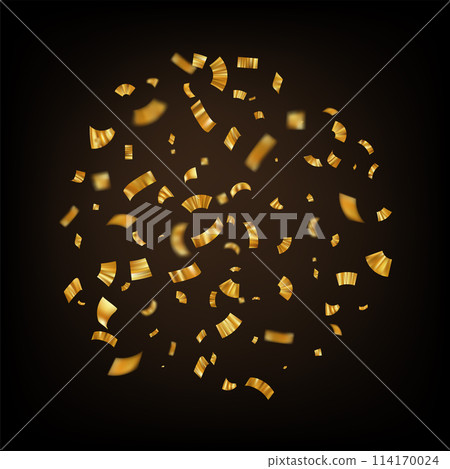 Golden confetti. Explosion of gold ribbon particles. Festive falling glitter. 114170024