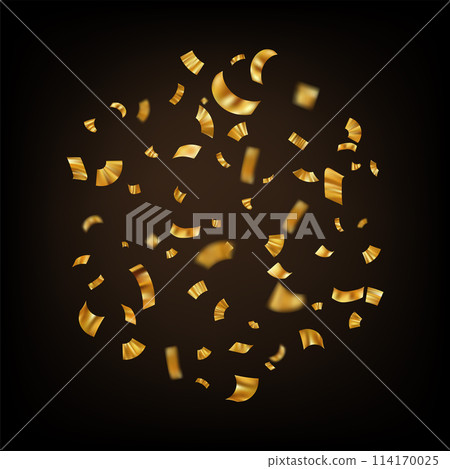 Golden confetti. Explosion of gold ribbon particles. Festive falling glitter. Golden confetti. Explosion of gold ribbon particles. Festive falling glitter. 114170025