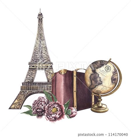 Eiffel tower. A hand-drawn watercolor illustration. Isolate. The sights of France. Designed for flyers, banners and postcards. For invitations, posters and stickers. for stickers and prints. Eiffel tower. A hand-drawn watercolor illustration. Isolate. The sights of France. Designed for flyers, banners and postcards. For invitations, posters and stickers. for stickers and prints. 114170040