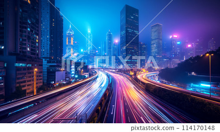 Night view of bustling cityscape, illuminated by vibrant lights of towering skyscrapers and dynamic streaks of vehicles in motion on highway, concept for urban life, modernity, energy, and elegance 114170148