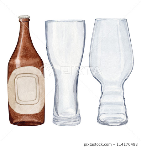 Hand-drawn watercolor illustration bottle of beer with two empty glasses for beer, watercolor international beer day. Composition for poster, card, banner, flyer, cover, playbill and other print 114170488