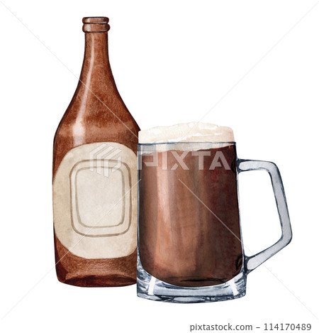 Hand-drawn watercolor illustration bottle of beer with shaped glass of beer, beer festival, international beer day Hand-drawn watercolor illustration bottle of beer with shaped glass of beer, beer festival, international beer day 114170489