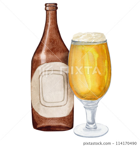 Hand-drawn watercolor illustration bottle of beer with shaped glass of beer, beer festival, international beer day Hand-drawn watercolor illustration bottle of beer with shaped glass of beer, beer festival, international beer day 114170490
