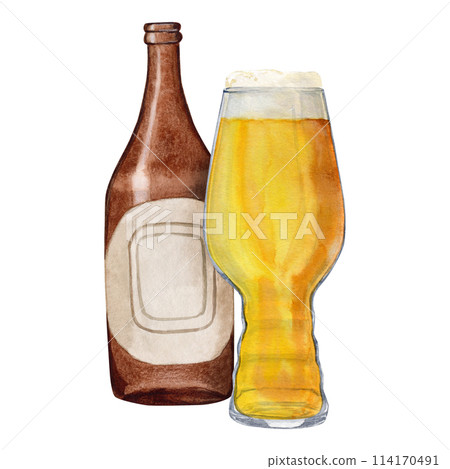 Hand-drawn watercolor illustration bottle of beer with shaped glass of beer, beer festival, international beer day Hand-drawn watercolor illustration bottle of beer with shaped glass of beer, beer festival, international beer day 114170491