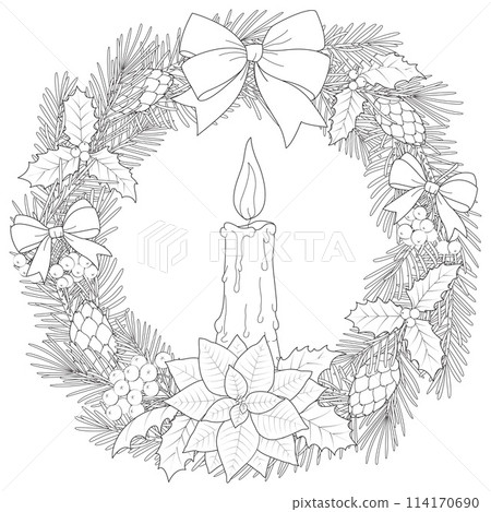Christmas frame in doodle style. Christmas wreath with candle. Black and white 114170690