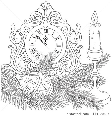 New Years clock shows midnight. Candle and Fir branch with Christmas ball decoration. 114170693