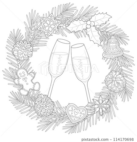 Christmas frame in doodle style. Christmas wreath with champagne. Black and white Christmas frame in doodle style. Christmas wreath with champagne. Black and white 114170698