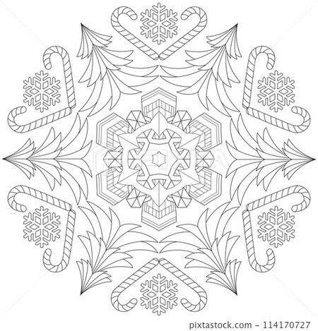Winter mandala with snowflake, christmas tree and lollipop. Black and white Coloring page 114170727
