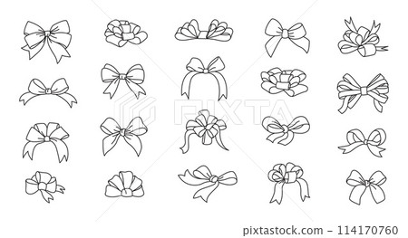 Ribbon bow line art doodle style set. Valentine day or wedding decorated tape bows. Ribbon bow line art doodle style set. Valentine day or wedding decorated tape bows. 114170760