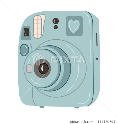 Blue Instant camera device. Hand drawn trendy flat style on white 114170791
