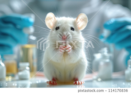 White laboratory rat with different pills on a light background. Close-up. 114170836